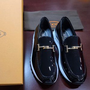 Tod's Patent Leather Gold Double T Loafers